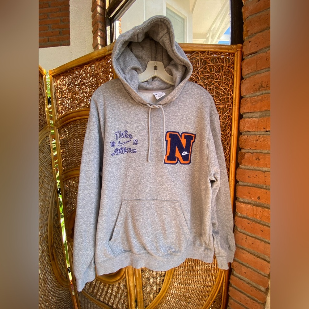 Nike Gray Hoodie with Orange and Blue Embroidered Logo Size Large